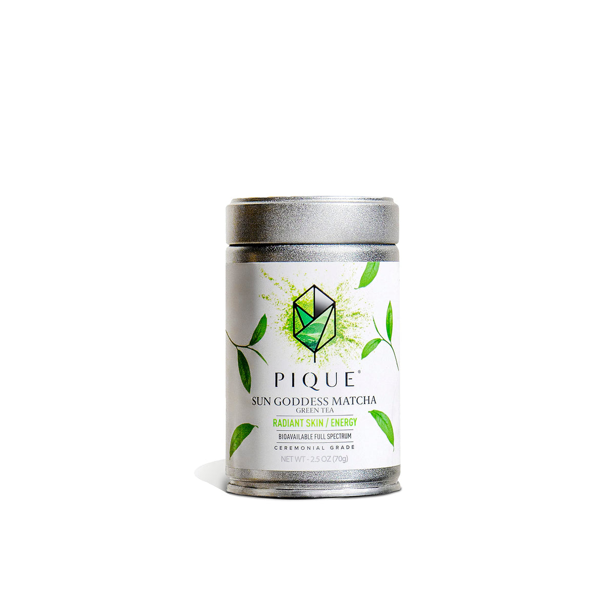 PIQUE Sun Goddess Matcha tin, vibrant ceremonial-grade powder for calm focus and energy.