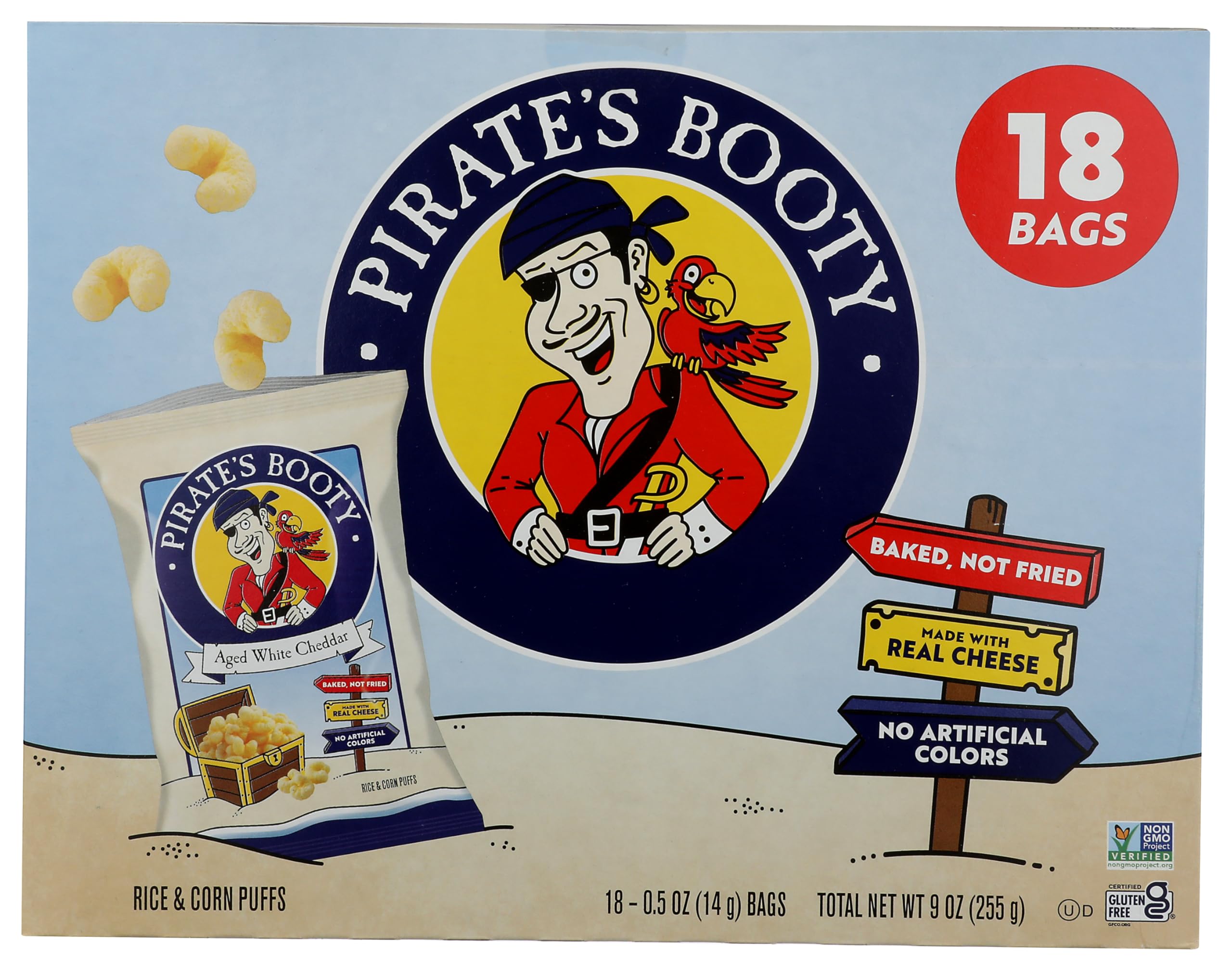 Pirate Brands aged white cheddar rice and corn puffs pack-shot ideal for on-the-go snacking