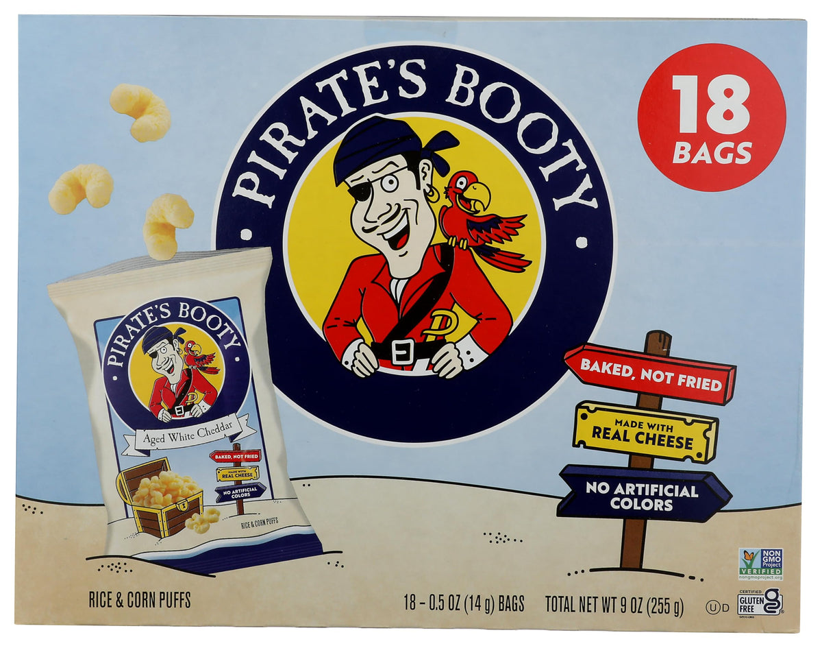 Pirate Brands aged white cheddar rice and corn puffs pack-shot ideal for on-the-go snacking