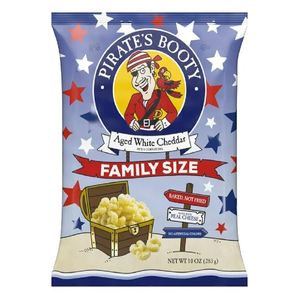 Pirate's Booty aged cheddar puffs pack—gluten-free lunchbox snack for kids.