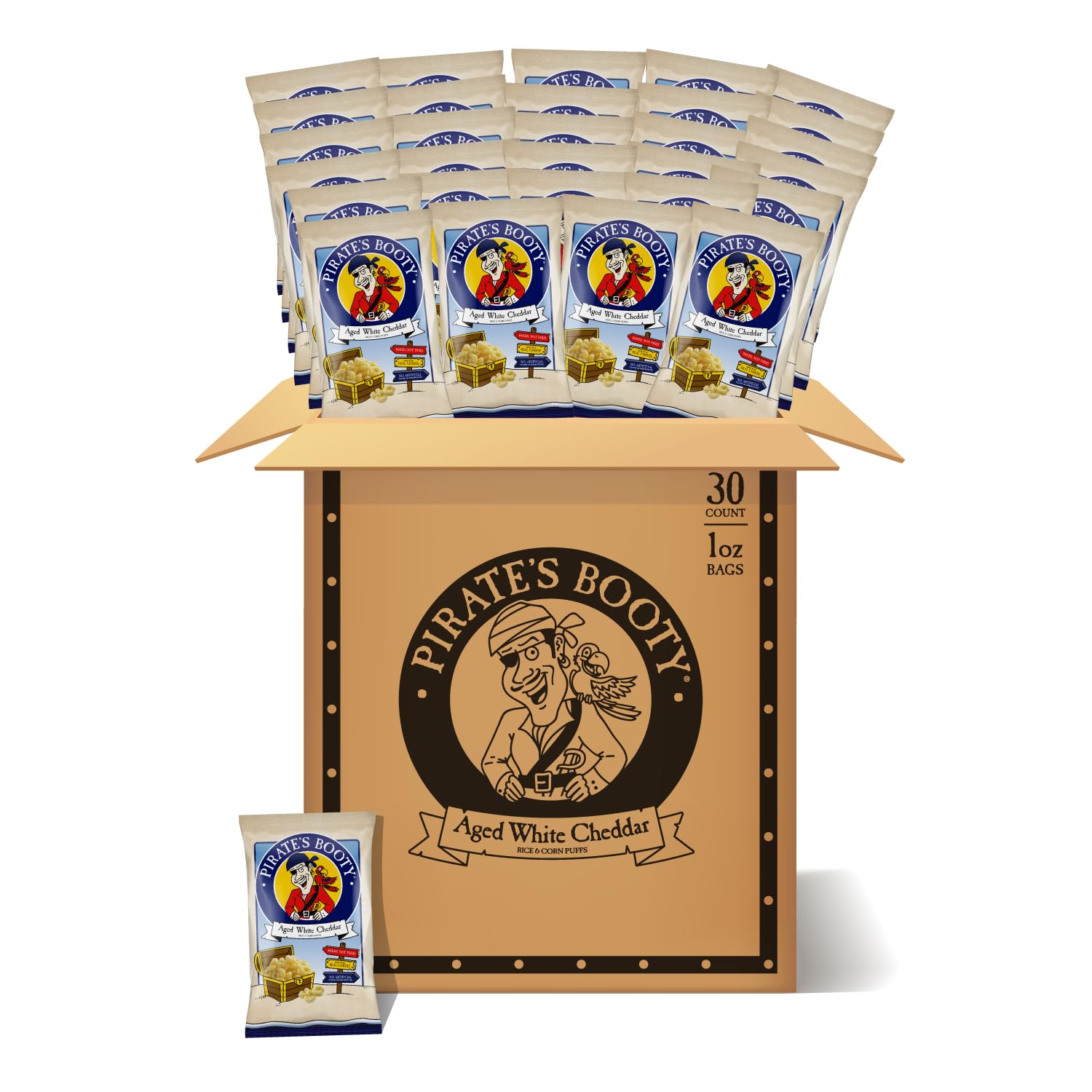 Pirate's Booty aged white cheddar cheese puffs box, gluten-free and kid-friendly snack.