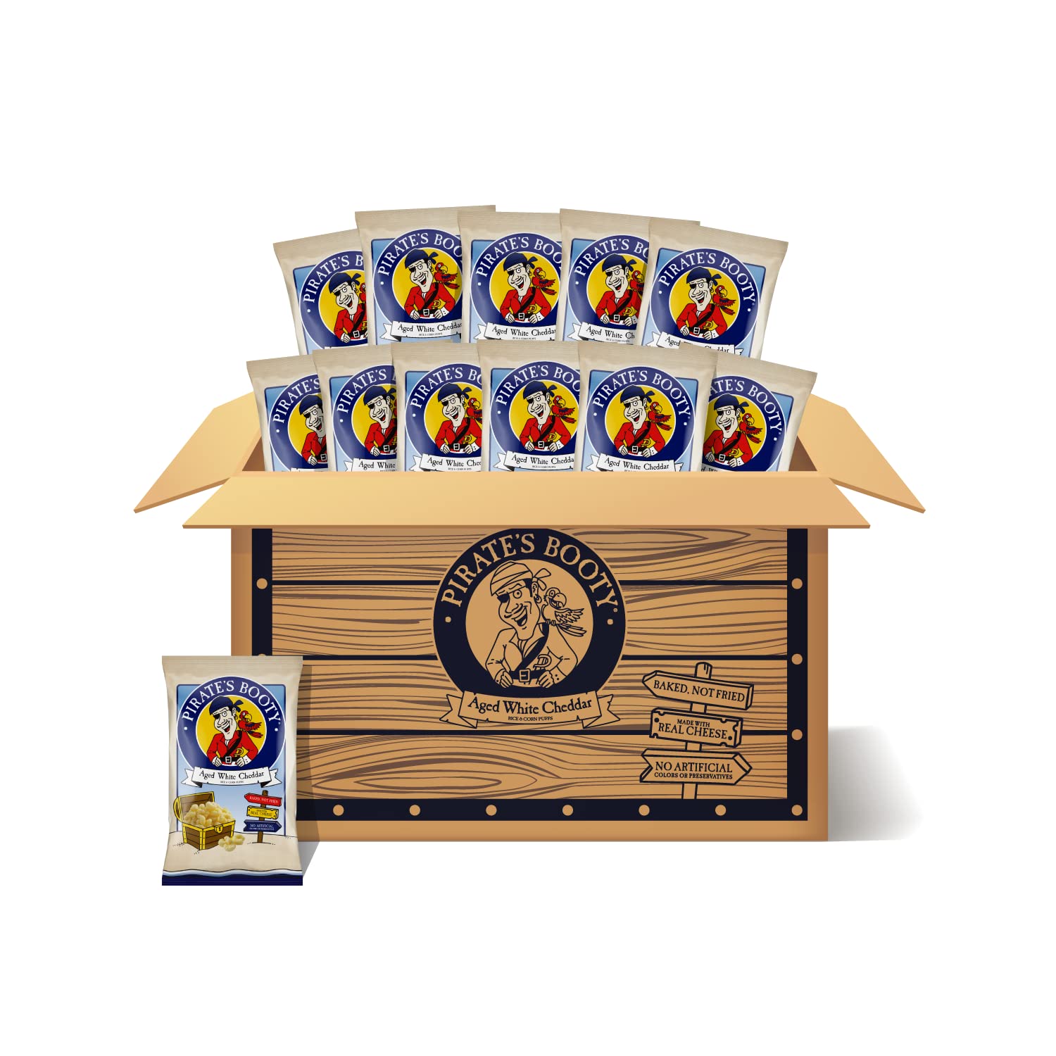 Pirate's Booty packaging for aged white cheddar puffs highlights gluten-free snack option