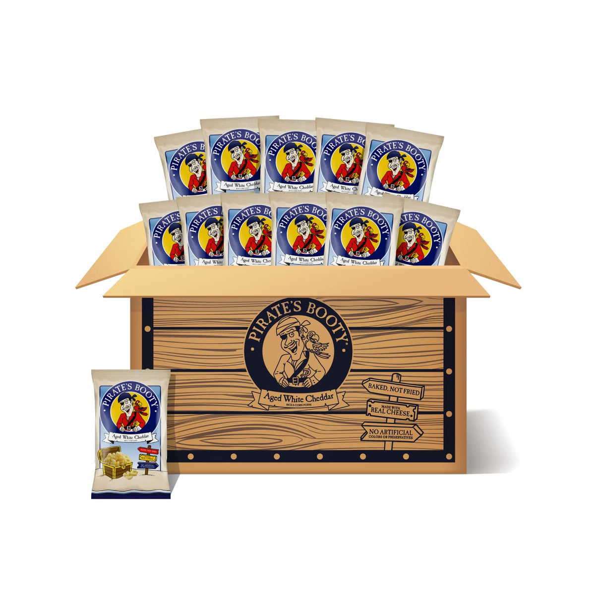 Pirate's Booty packaging for aged white cheddar puffs highlights gluten-free snack option