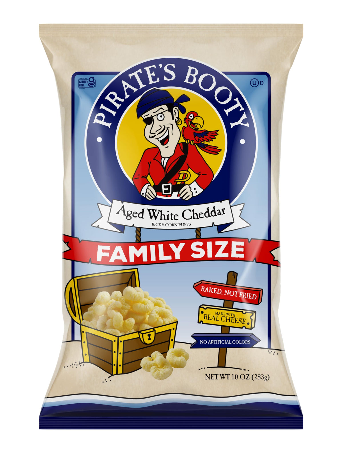 Pirate's Booty aged white cheddar puffs bag close-up, gluten-free snack option for kids.