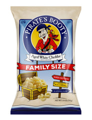 Pirate's Booty aged white cheddar puffs bag close-up, gluten-free snack option for kids.