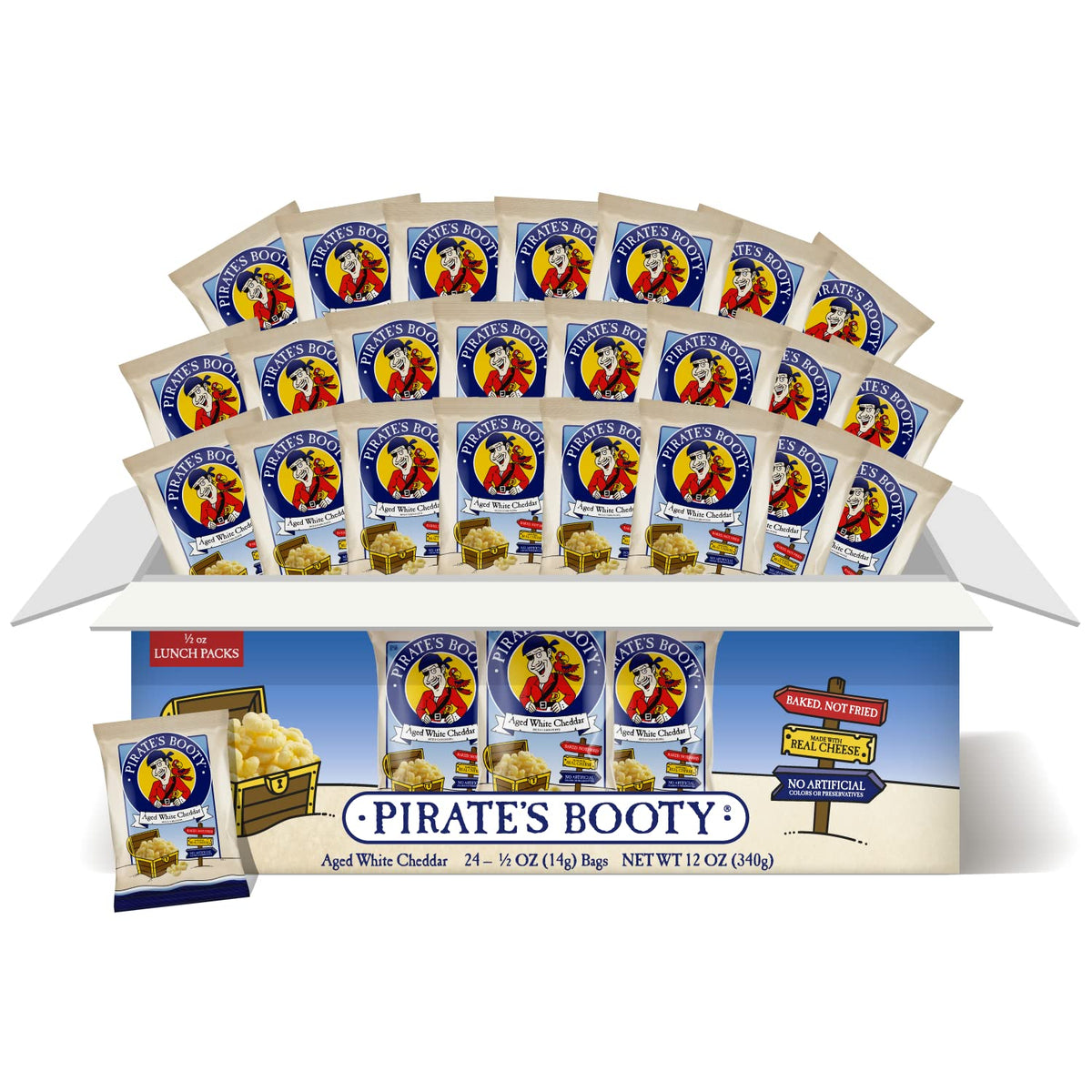 Pirate's Booty aged white cheddar puffs in bag, ideal for on-the-go school snacks