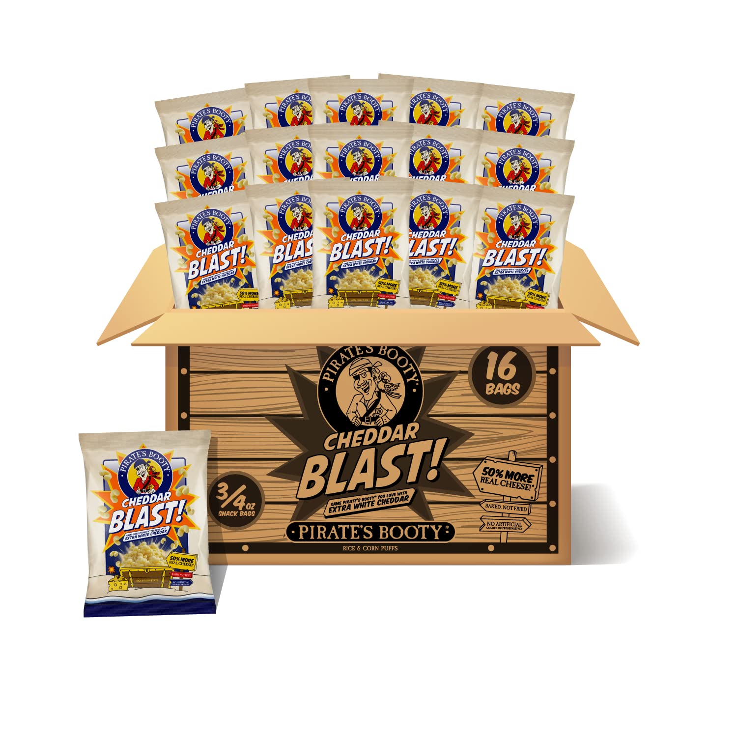 Pirate's Booty Cheddar Blast bag shown, gluten-free kid-friendly snack for lunch boxes