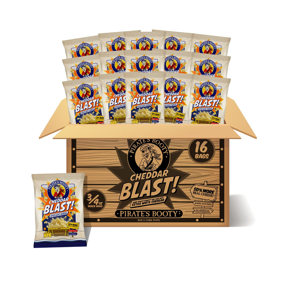 Pirate's Booty Cheddar Blast bag shown, gluten-free kid-friendly snack for lunch boxes