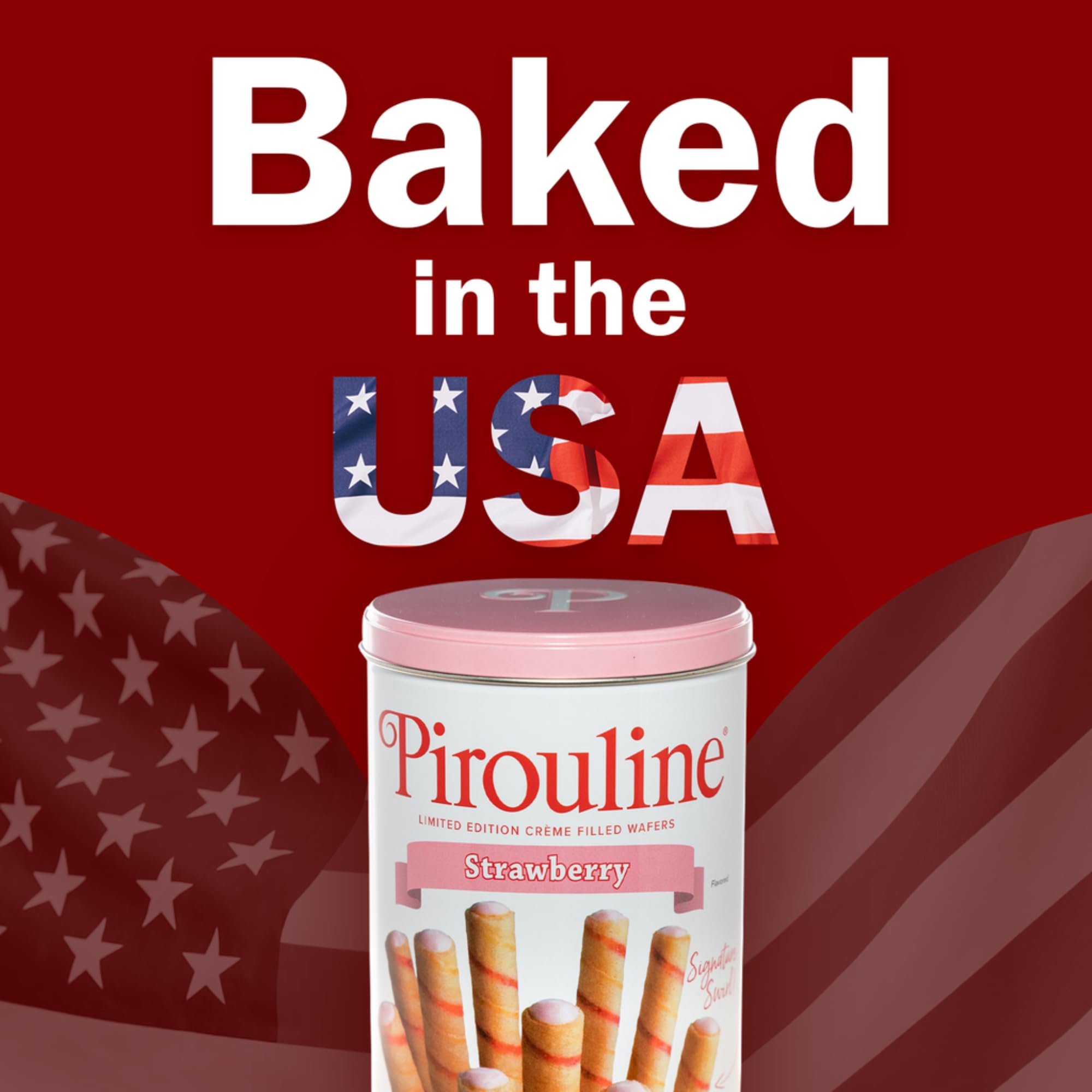 Close-up of strawberry crème filling inside a Pirouline wafer.