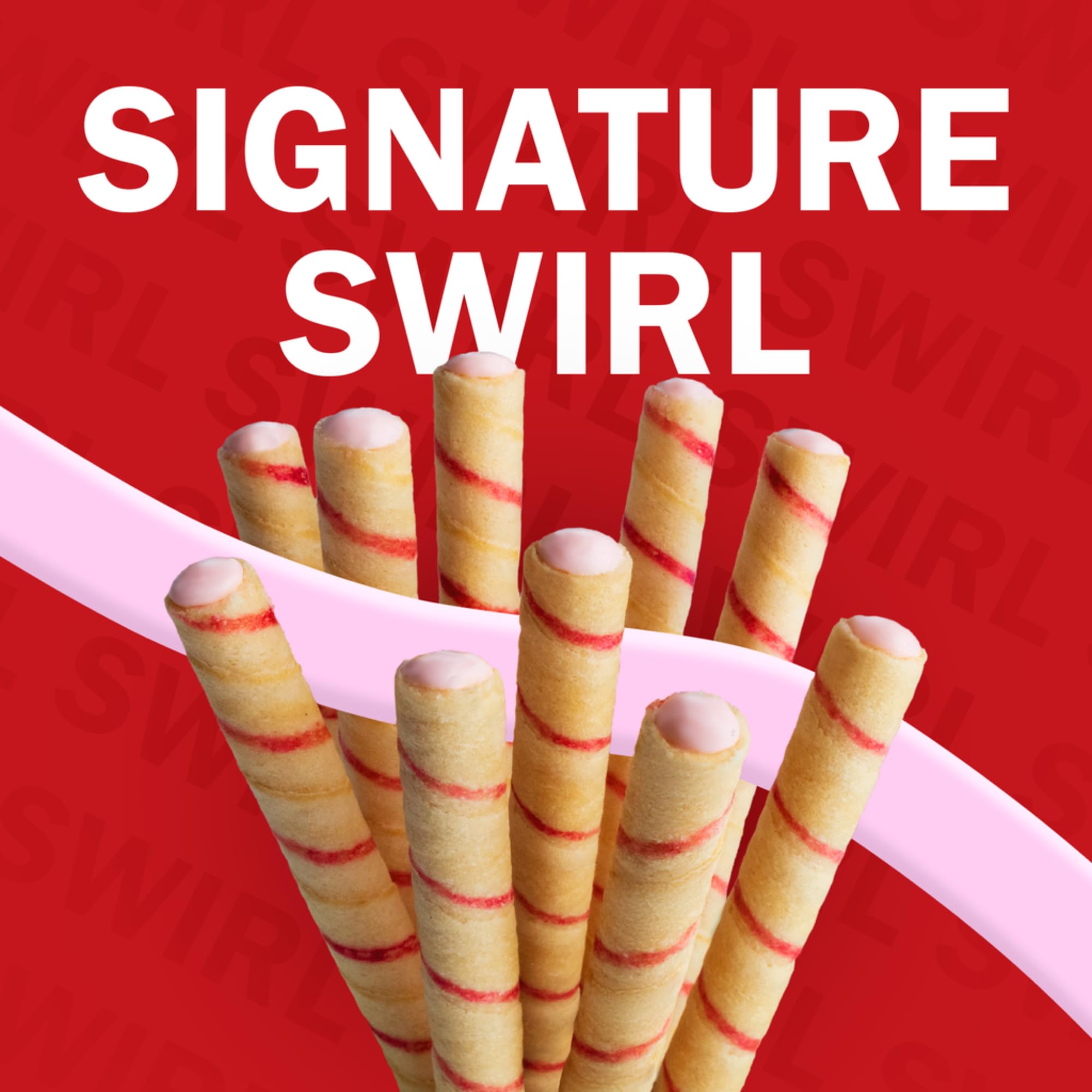 Cream-filled Pirouline strawberry wafer close-up, ideal for coffee dunking.
