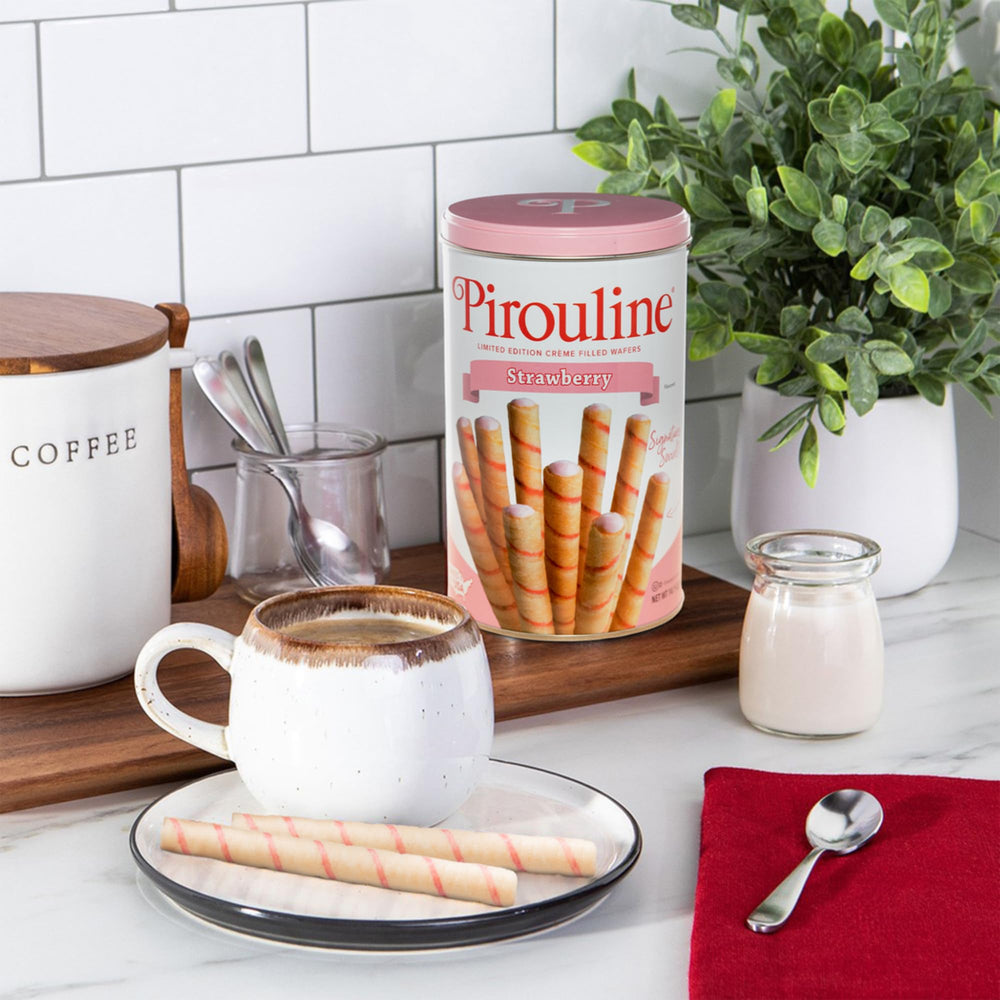 Pirouline strawberry wafers served with tea for a sweet break.