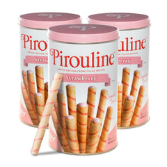 Pirouline Strawberry wafers in tin show the original swirl and crispness.