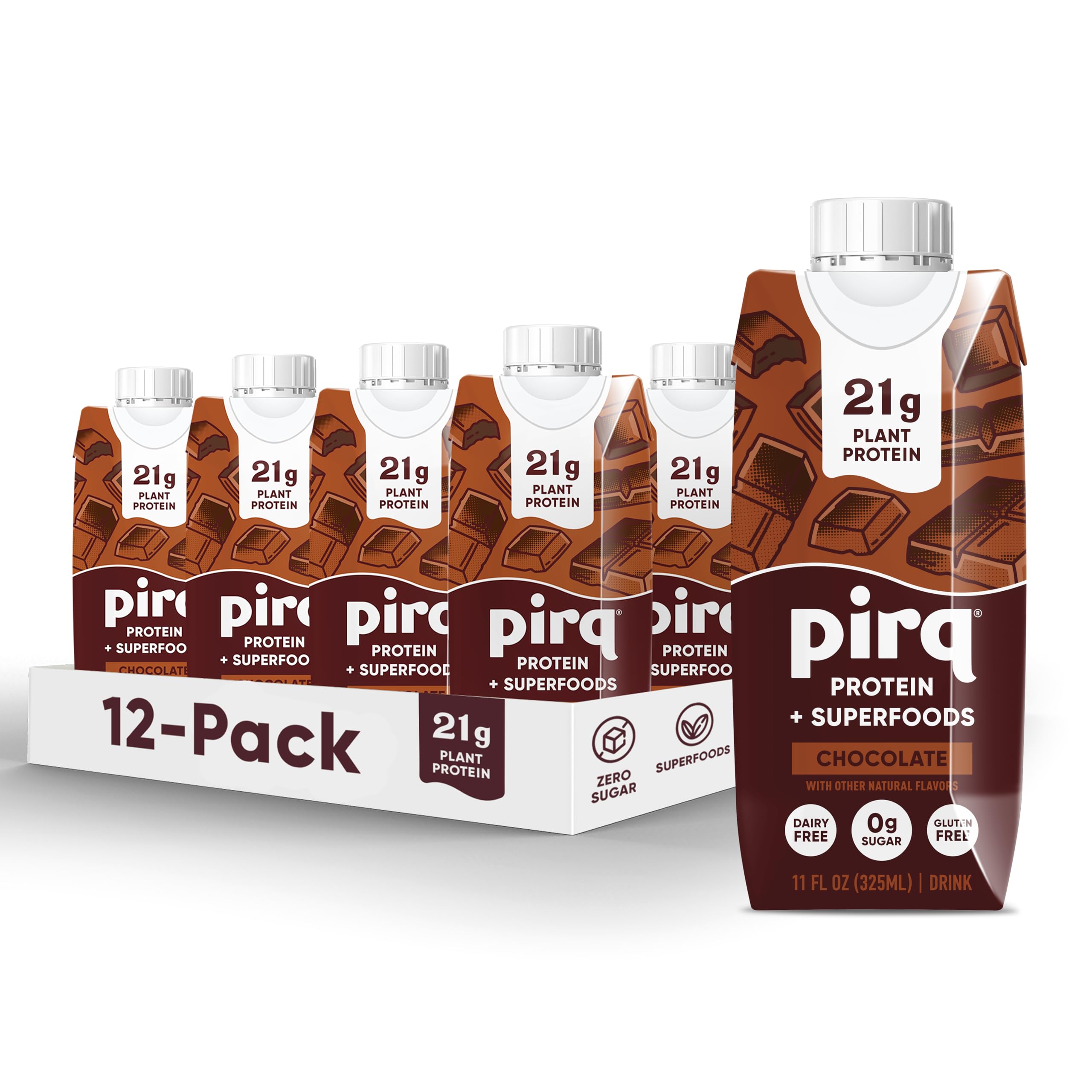 Pirq 21g Dairy-Free chocolate shake bottle ready for on-the-go fueling.