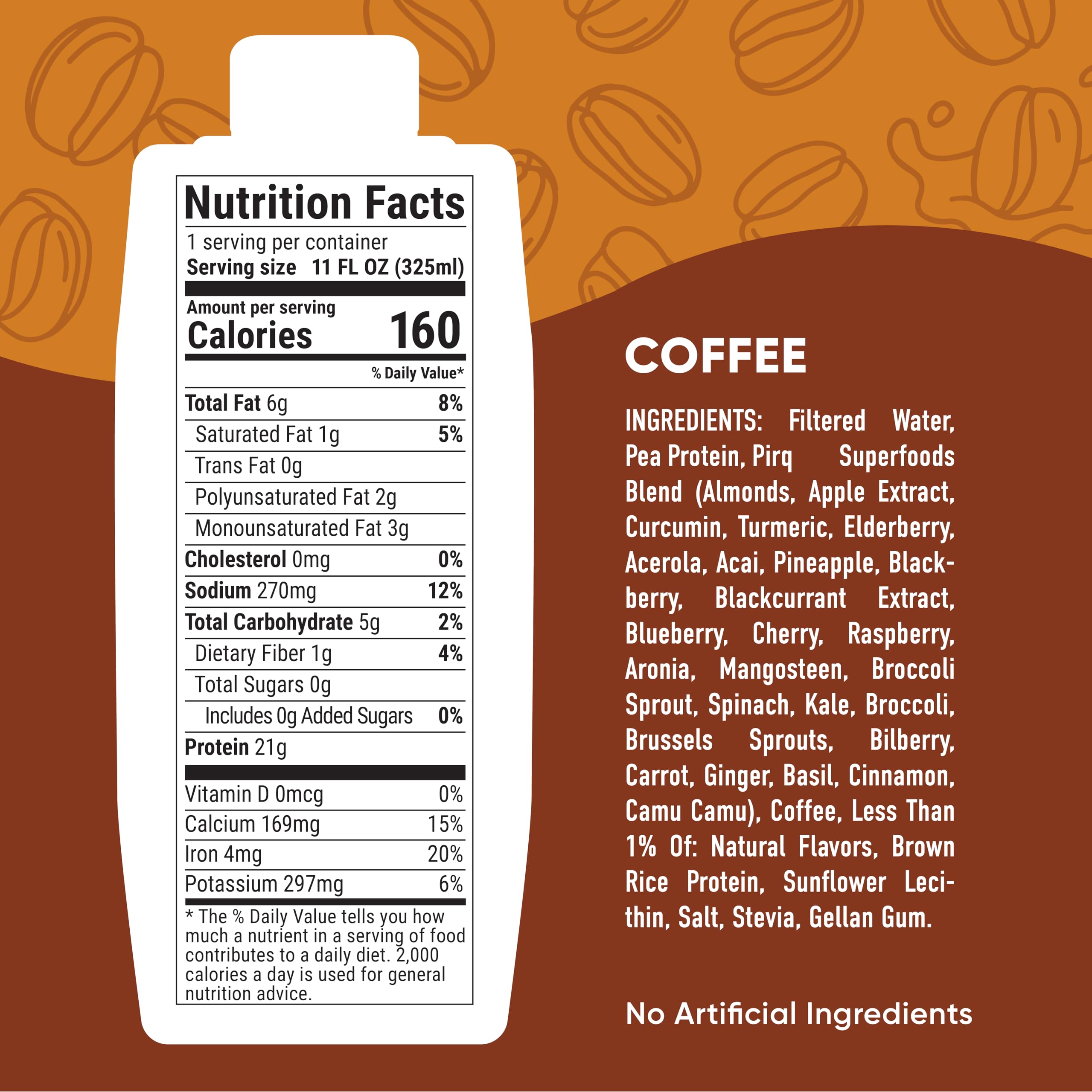 Pirq coffee protein shake bottle on the go fuels daily activities with 21g plant protein