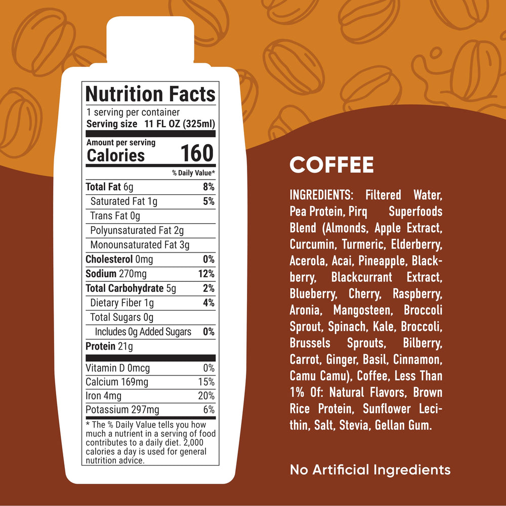 Pirq coffee protein shake bottle on the go fuels daily activities with 21g plant protein