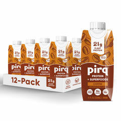 Pirq coffee protein shake label highlights 21g plant-based protein for busy days