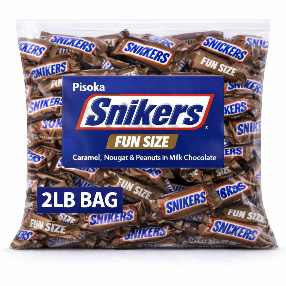 Pisoka Snikers mini bars show crunchy peanuts, caramel, nougat, and milk chocolate for on-the-go enjoyment.