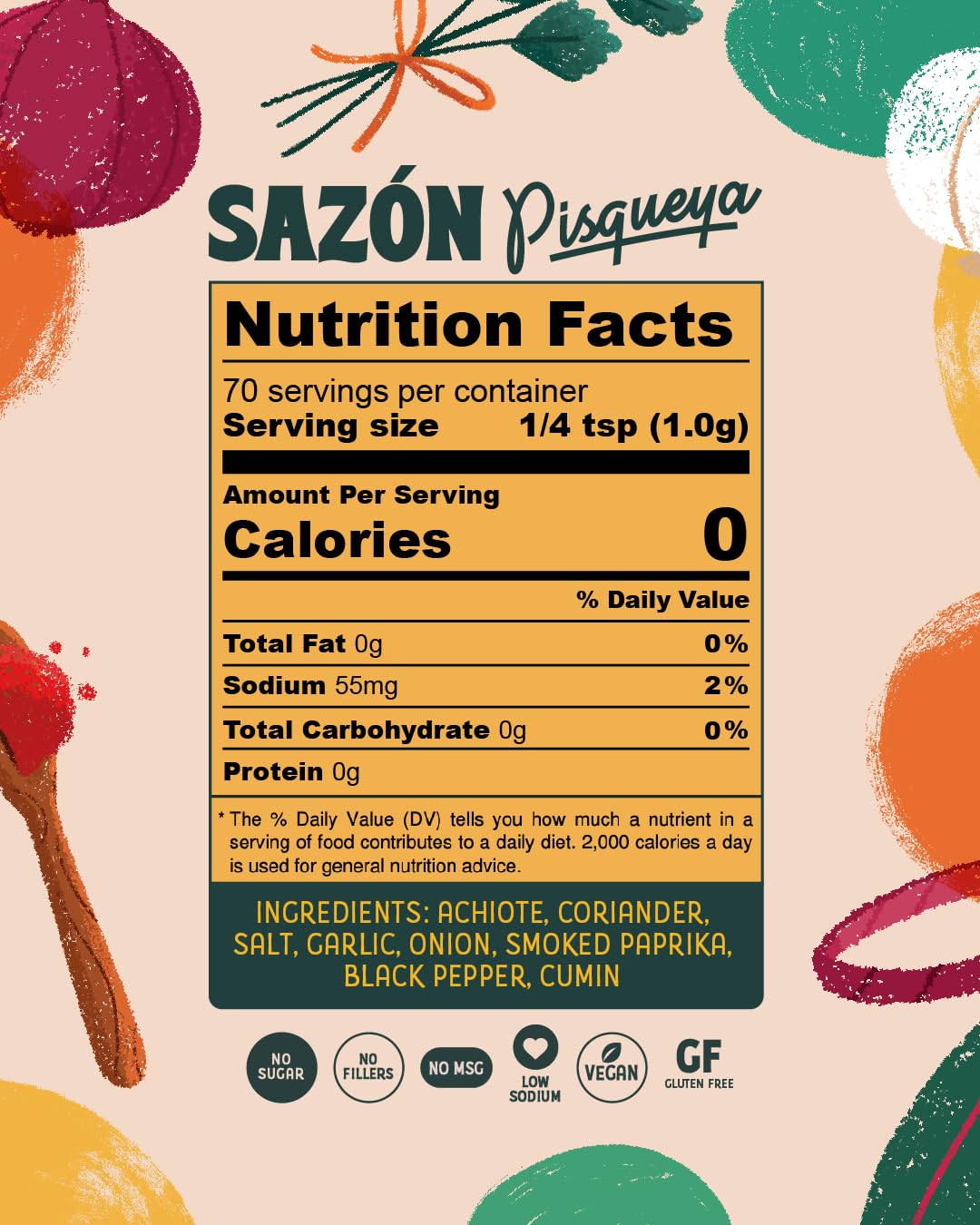 Pisqueya glass jar of sazon highlights clean-label ingredients for family meals.