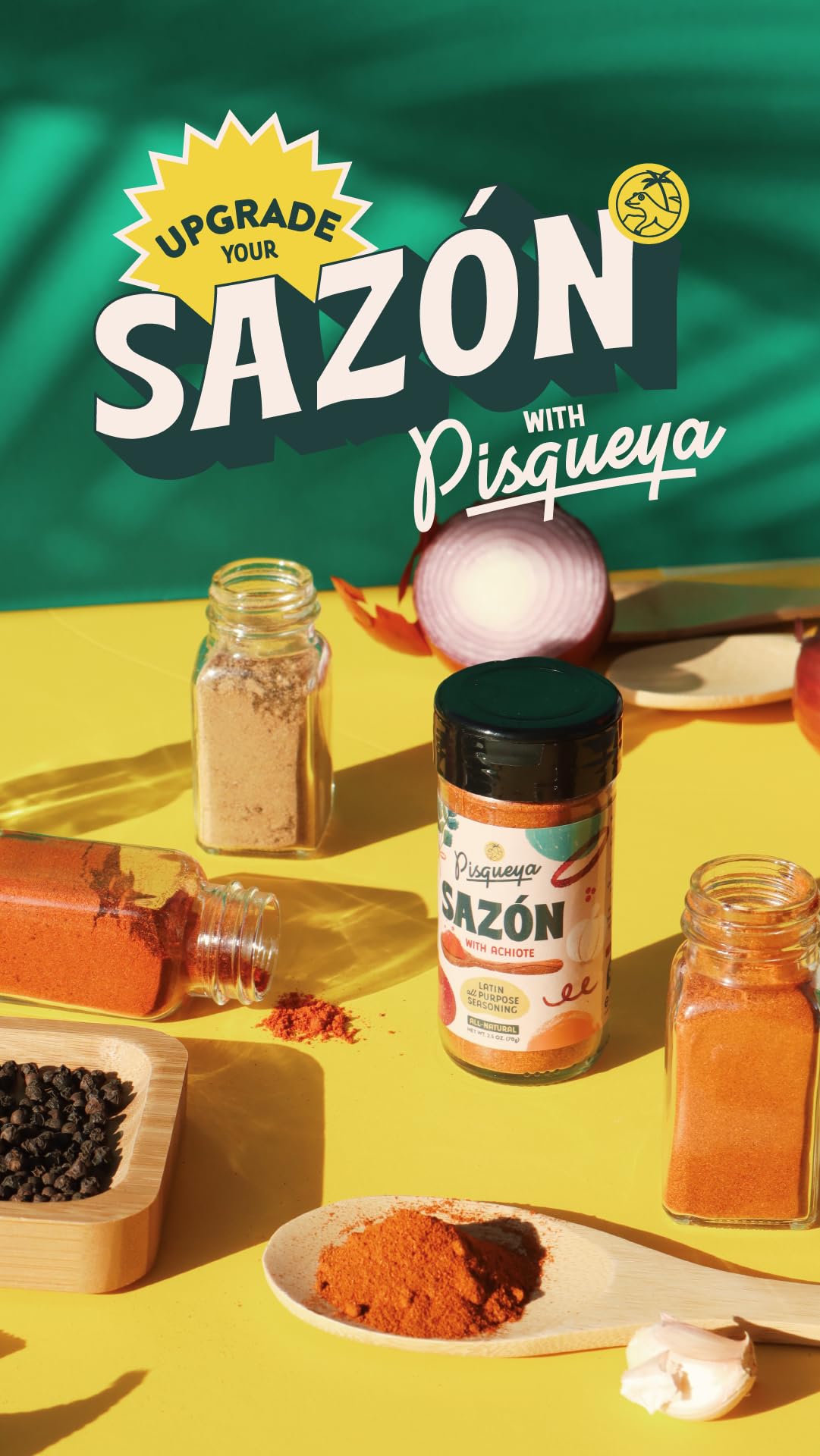 Pisqueya sazon label on shelf showcasing brand packaging and design.
