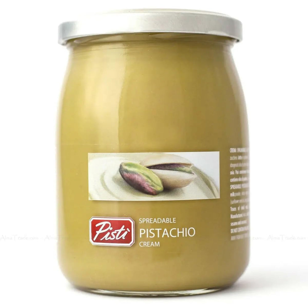 Pisti cream of pistachio from Sicily jar close-up, creamy spread ideal on bread.