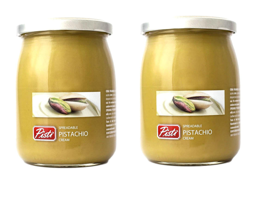 Pisti pistachio cream jar close-up; creamy texture ideal for toast toppings.
