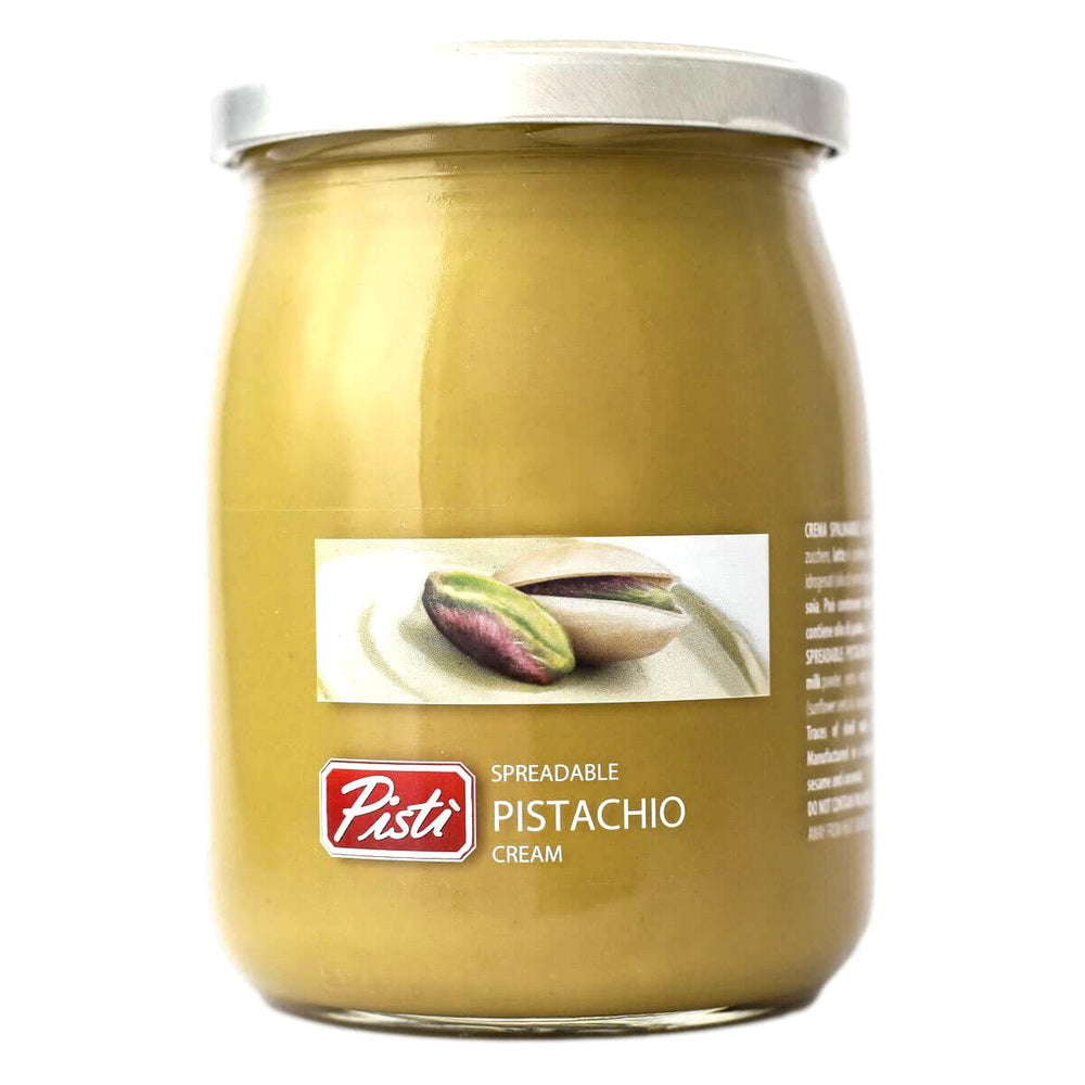 Pisti pistachio cream jar side view highlights premium packaging.