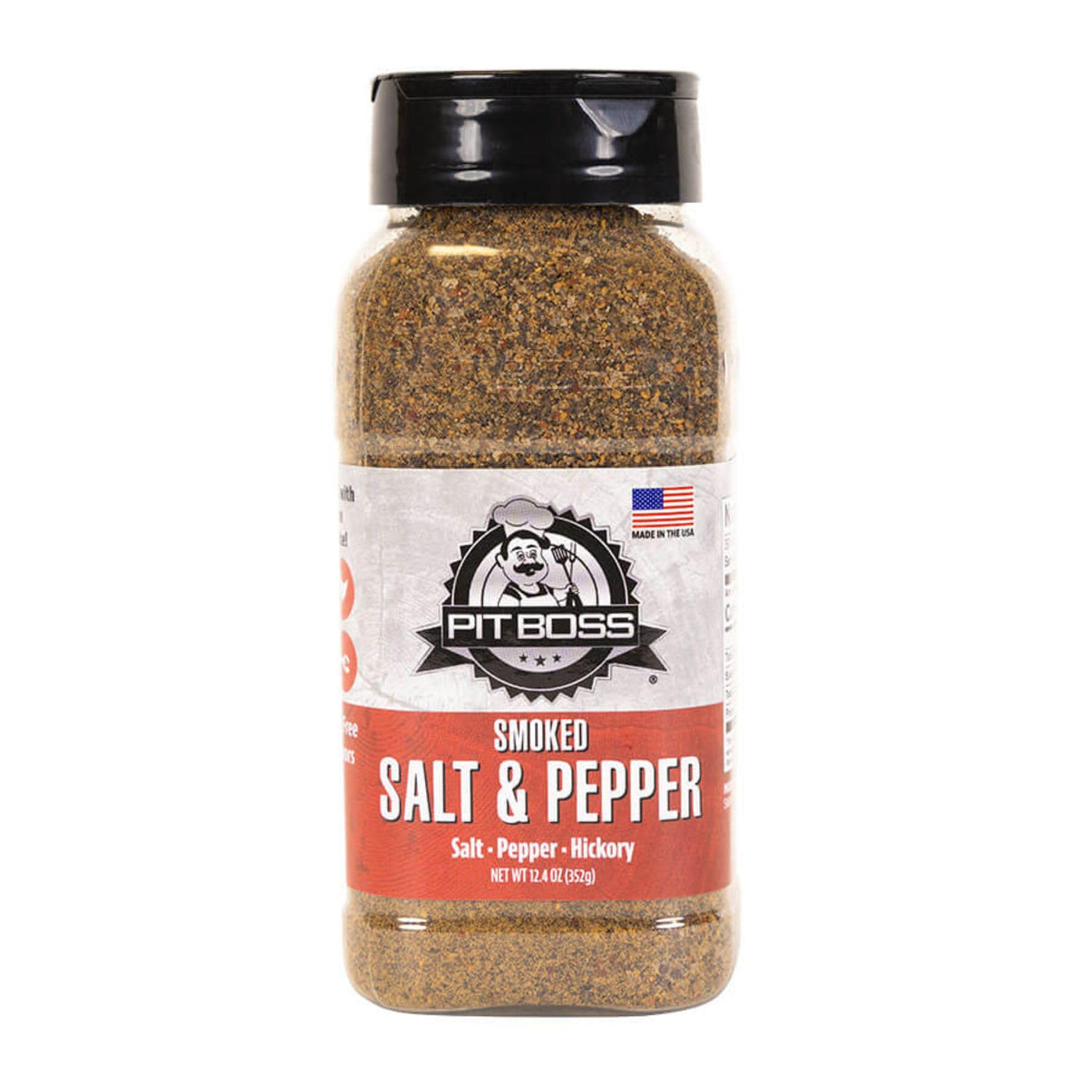 Pit Boss smoked salt and pepper rub bottle pour shows bold smoky seasoning