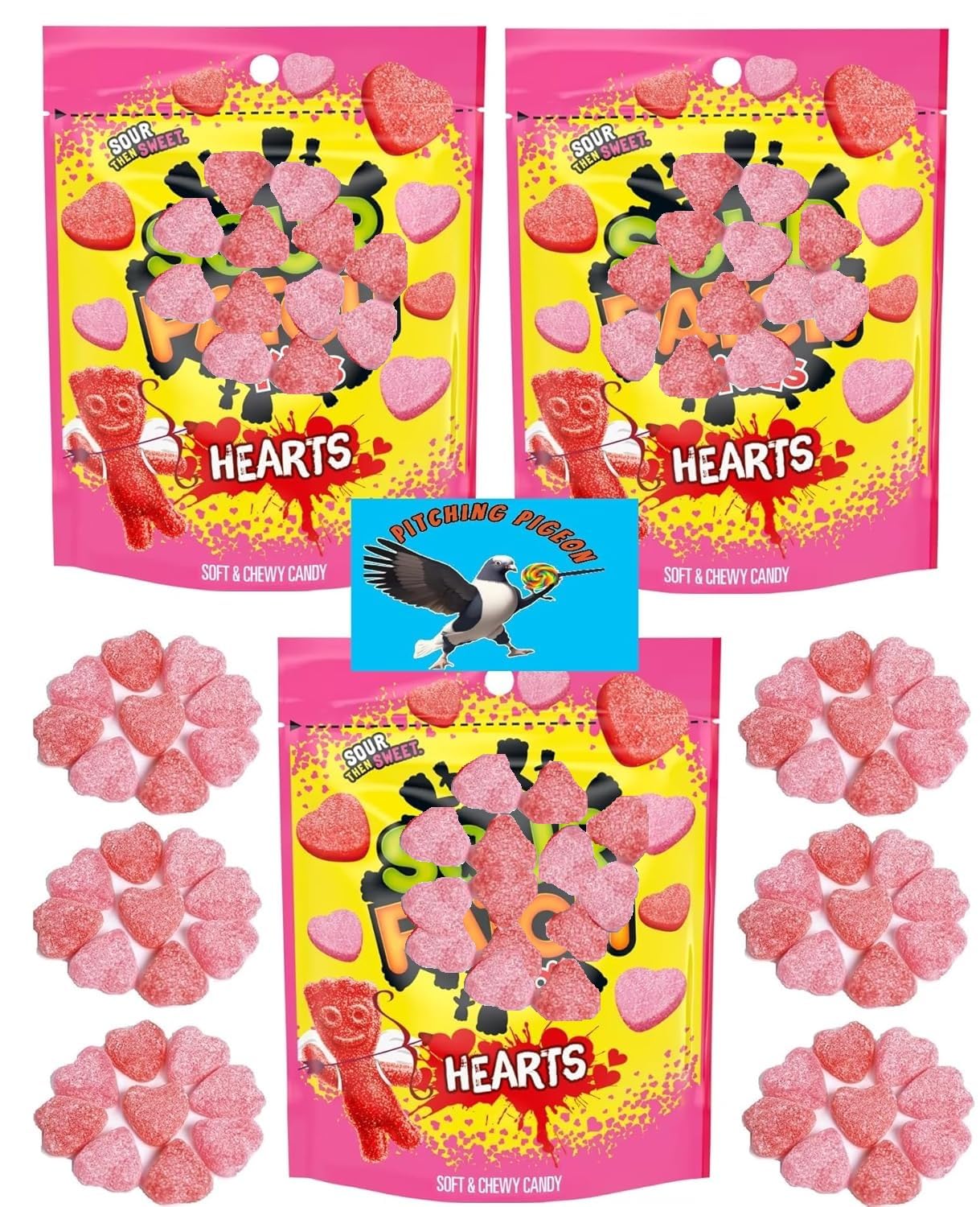 Pitching Pigeon SourPatch Hearts bag shows red and pink gummies for Valentine’s Day sharing