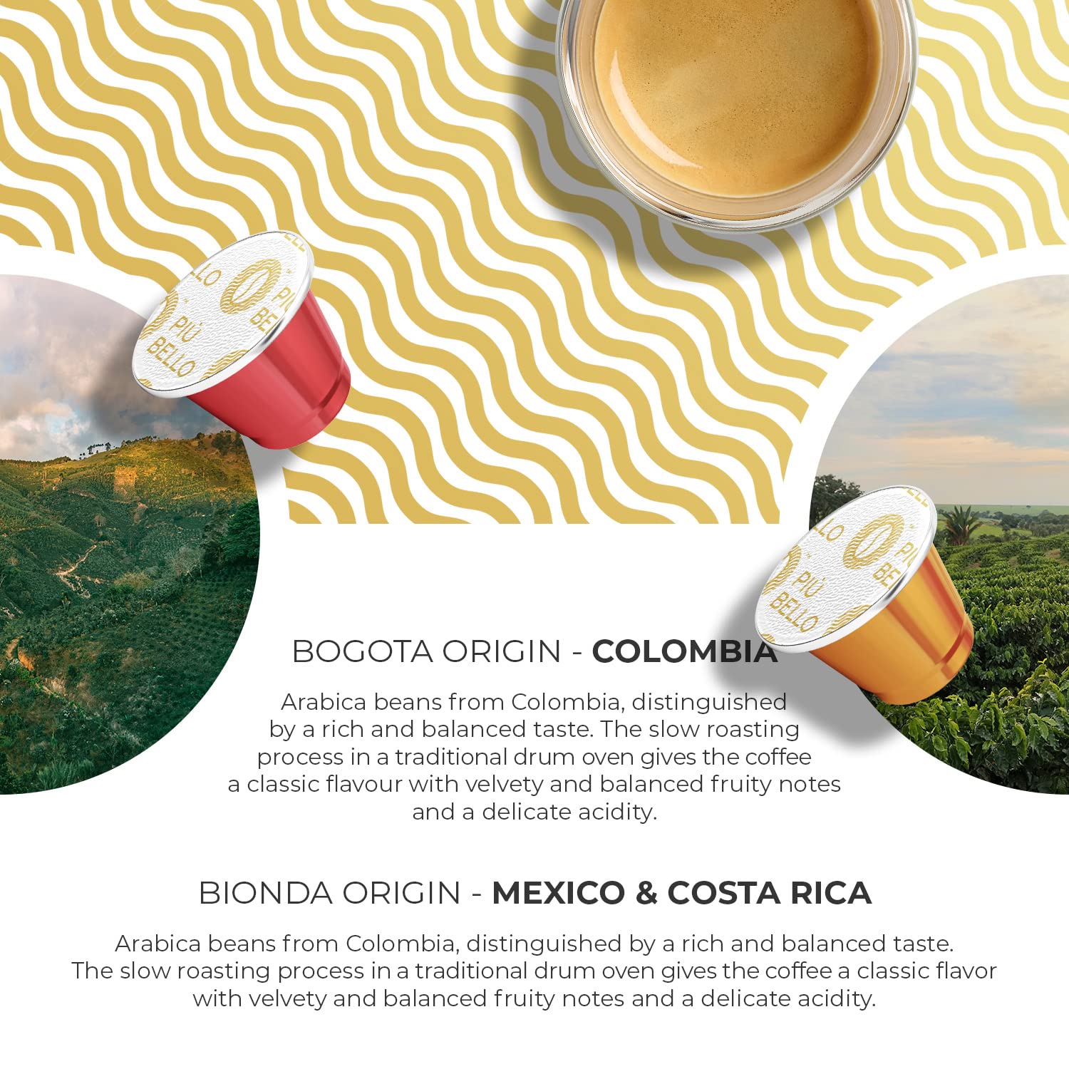 PIU BELLO Blend pod offers complex notes for a cafe-style cup.