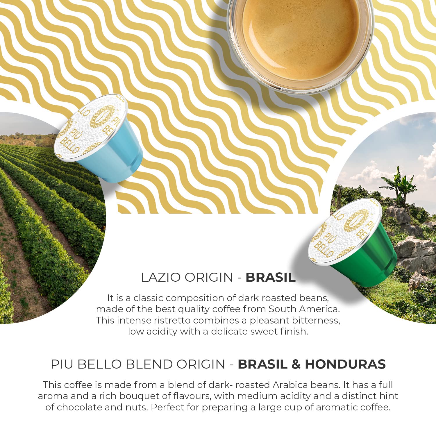 PIU BELLO Espresso Bionda pod yields light roast with fragrant oils.