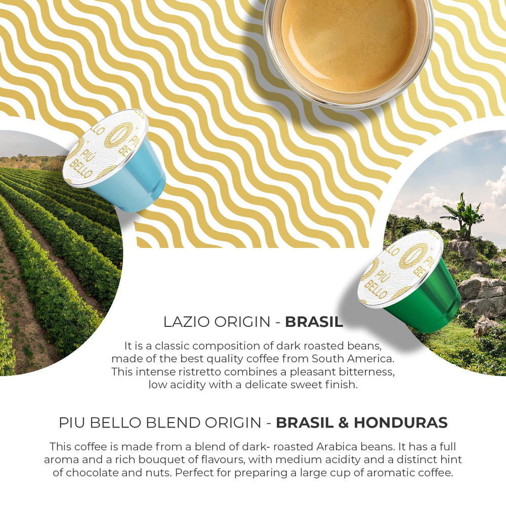 PIU BELLO Espresso Bionda pod yields light roast with fragrant oils.