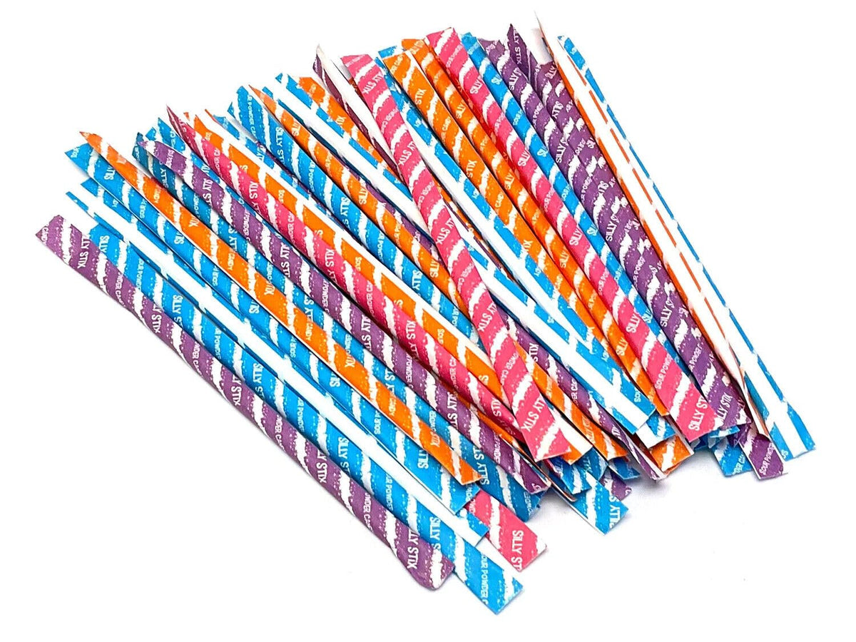 Pixy Silly Stix candy filled straw with four bright flavors for celebrations.