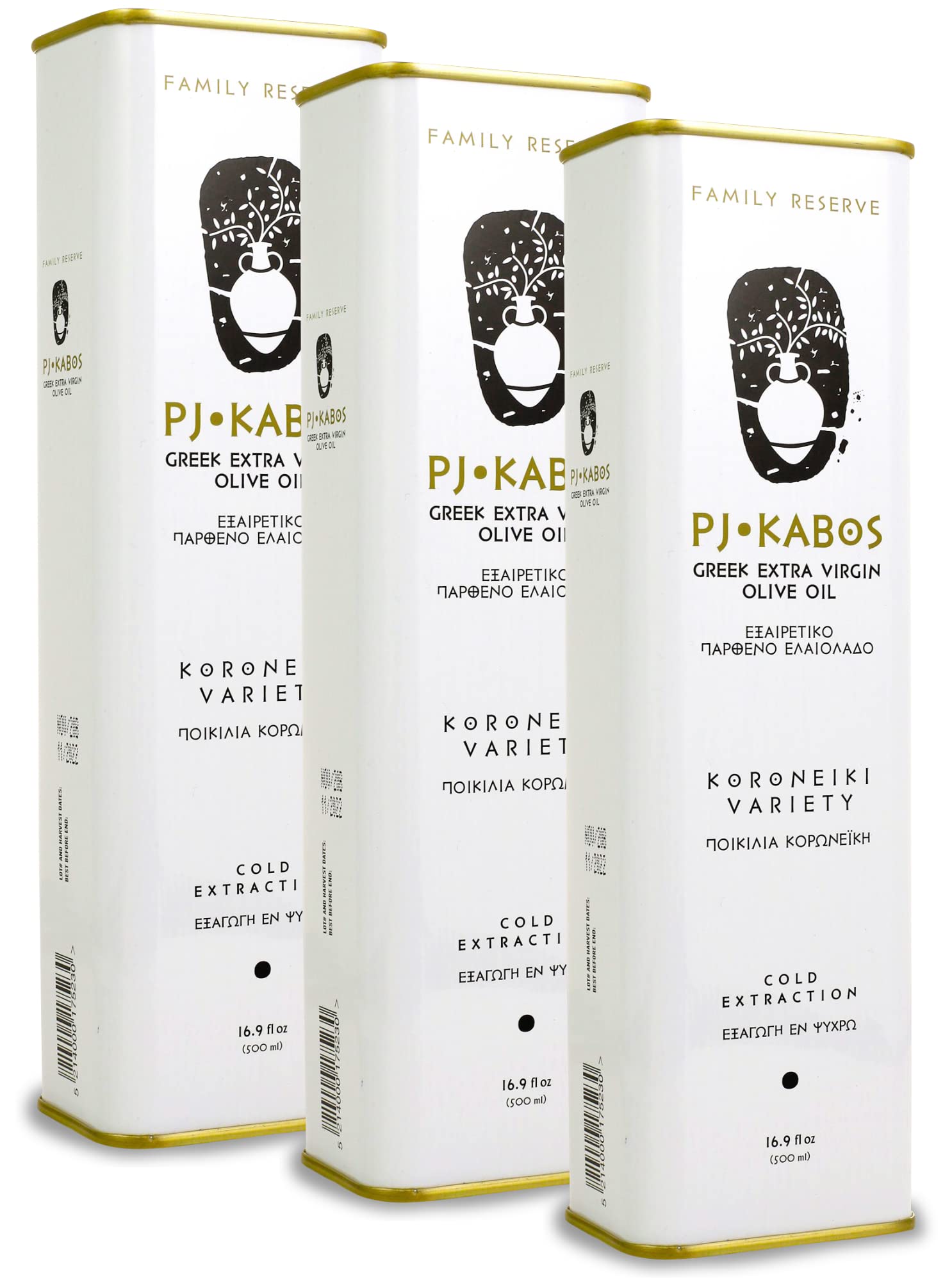 P J KABOS Harvest olive oil tin 3-pack for easy storage and gifting