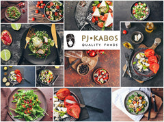 P.J. KABOS olive oil label bottle highlights cold-extracted, non-GMO quality.