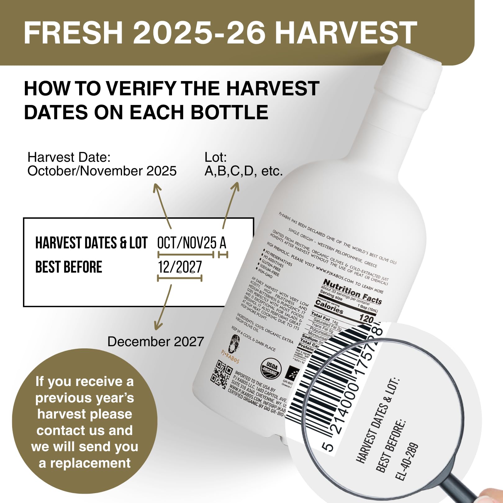 P.J. KABOS Organic Greek EVOO label highlighting single-origin quality.