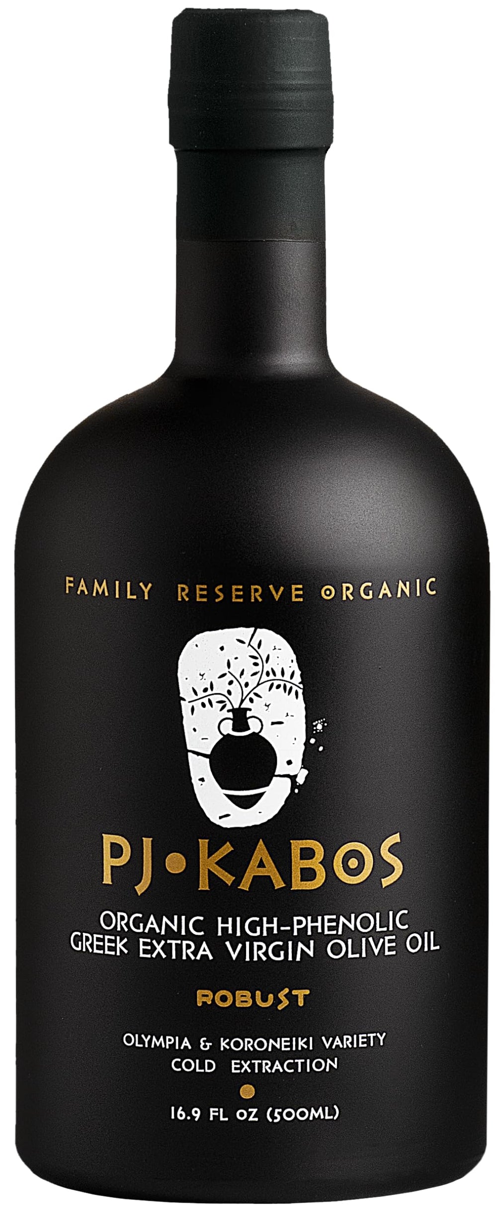 P.J. KABOS Very High Phenolic Olive Oil bottle highlighting robust flavor potential.