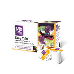 PJ's King Cake Cups box with 12 single-serve pods for quick mornings.