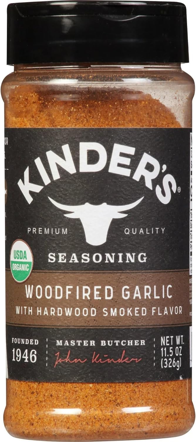 P.K. Kinder Co. Woodfired Garlic bottle on counter enhances smoky flavor for meats.