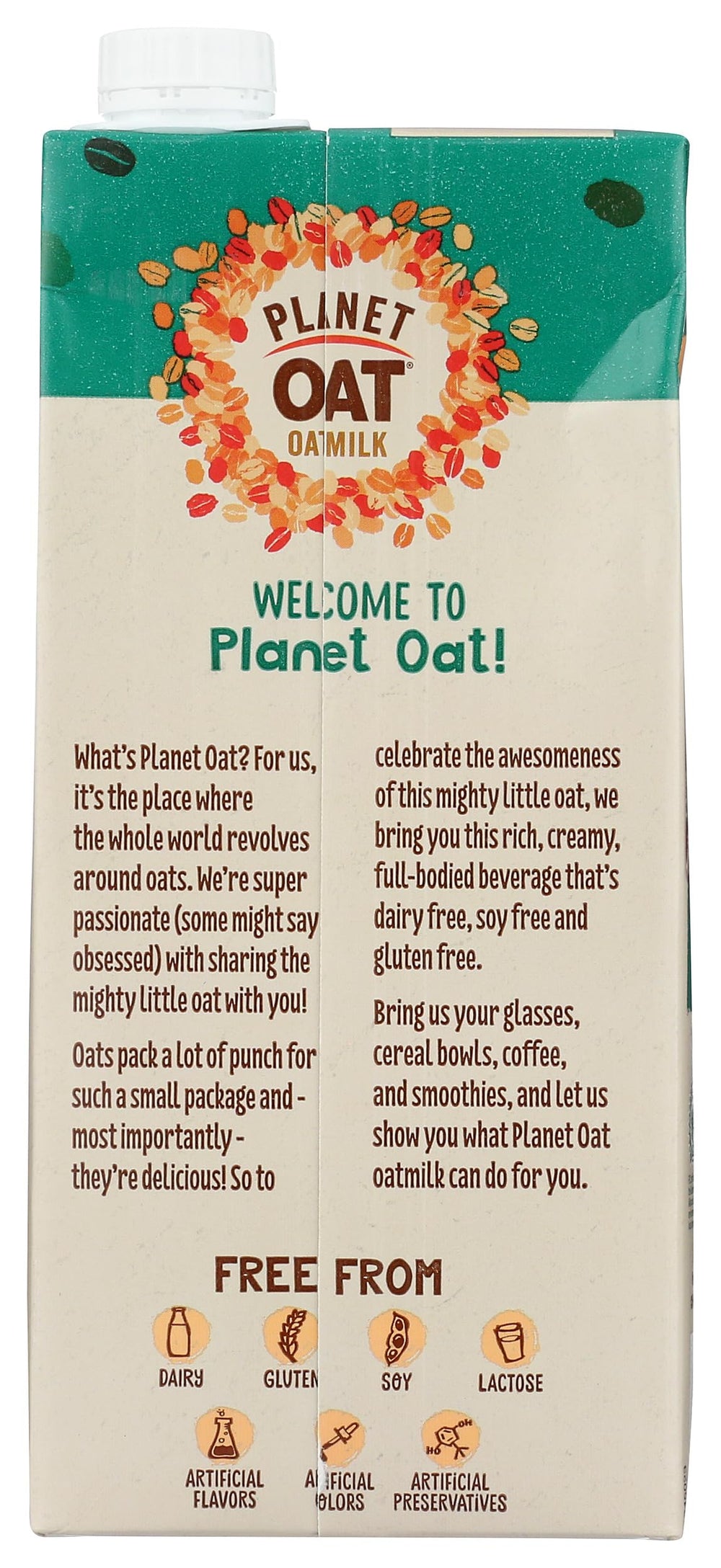 Planet Oat Milk Oat Extra Creamy 32oz carton front conveys dairy-free option.
