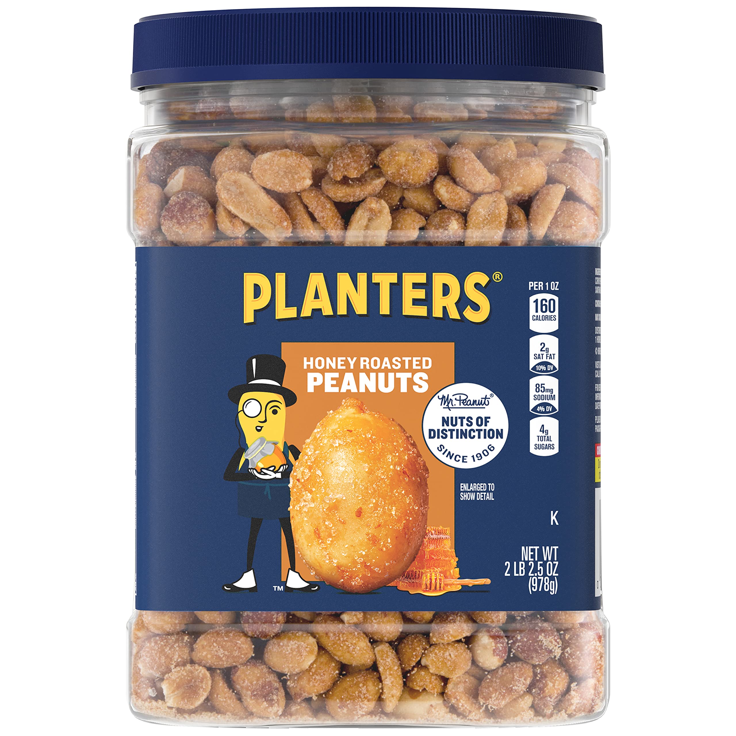 PLANTERS Honey Roasted Peanuts jar closeup, premium snack ready for sharing.