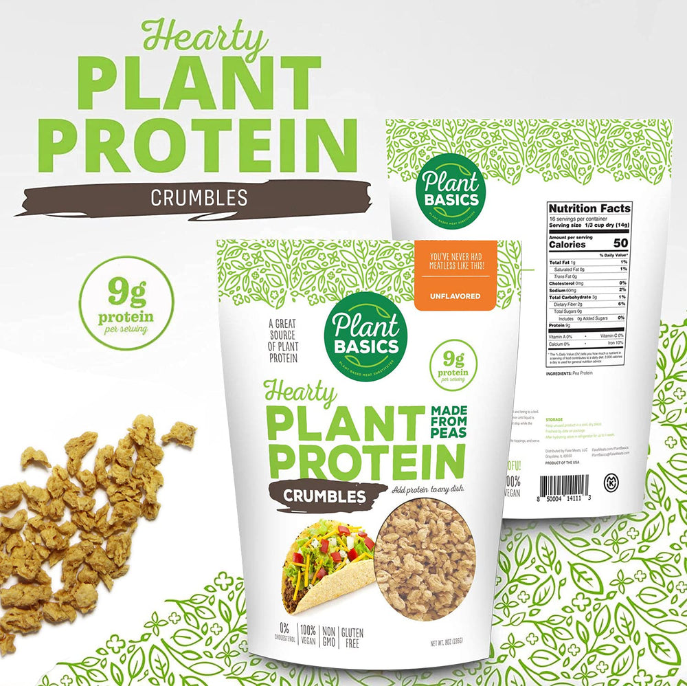 Plant Basics Hearty Plant Protein Crumbles cooking in broth demonstrates quick, flavorful seasoning.