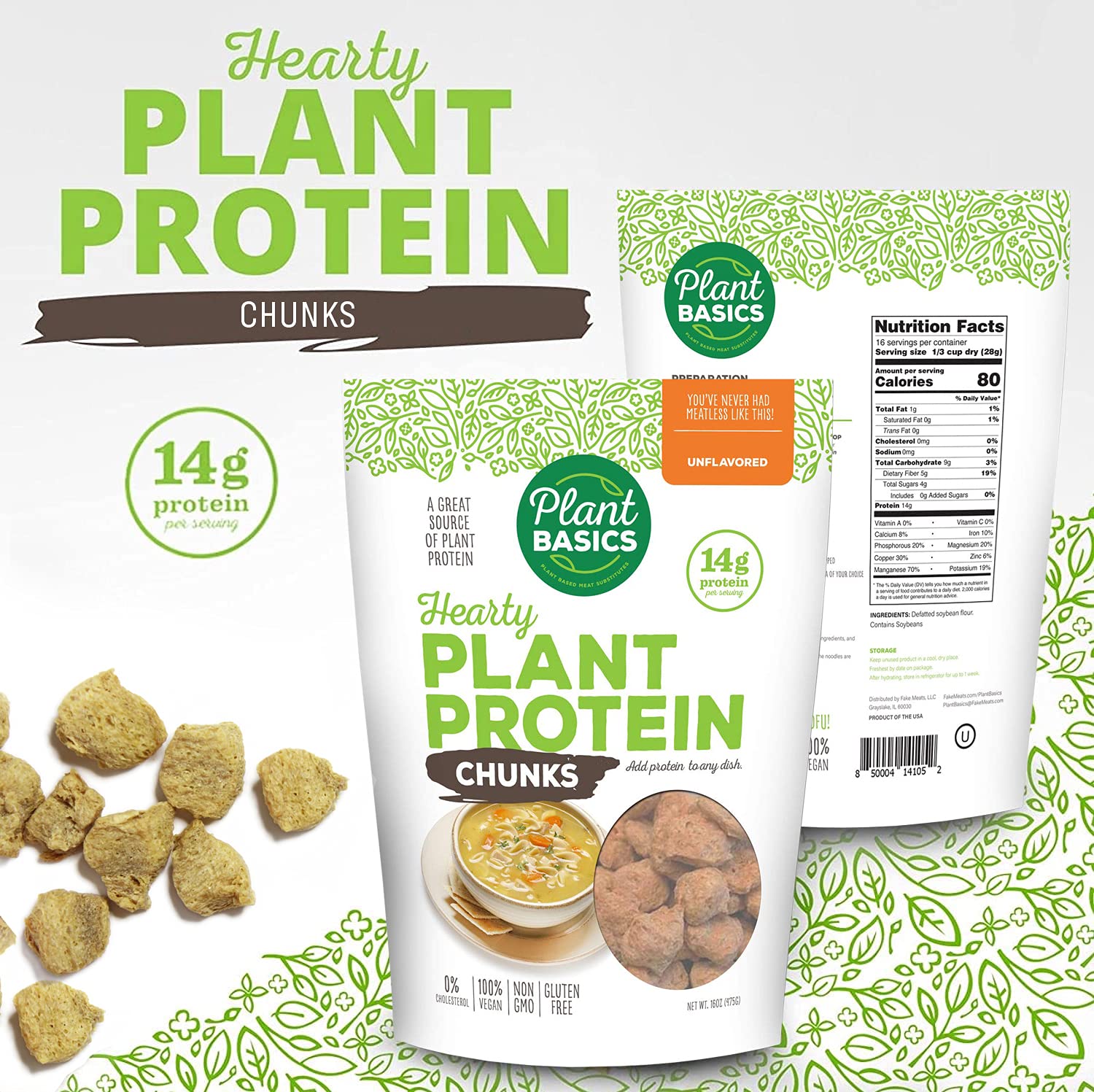 Plant Basics Hearty Protein chunk texture closeup; chewy, satisfying feel.