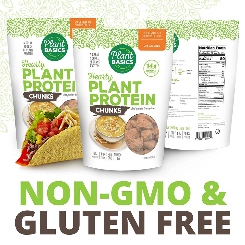 Plant Basics Hearty Protein chunks in sauce; hearty vegan meals.