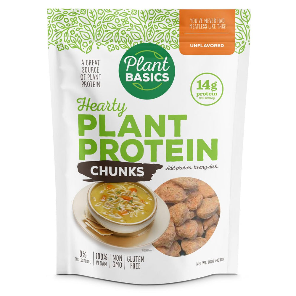 Plant Basics Hearty Protein unflavored chunks packaging; versatile protein for any recipe.