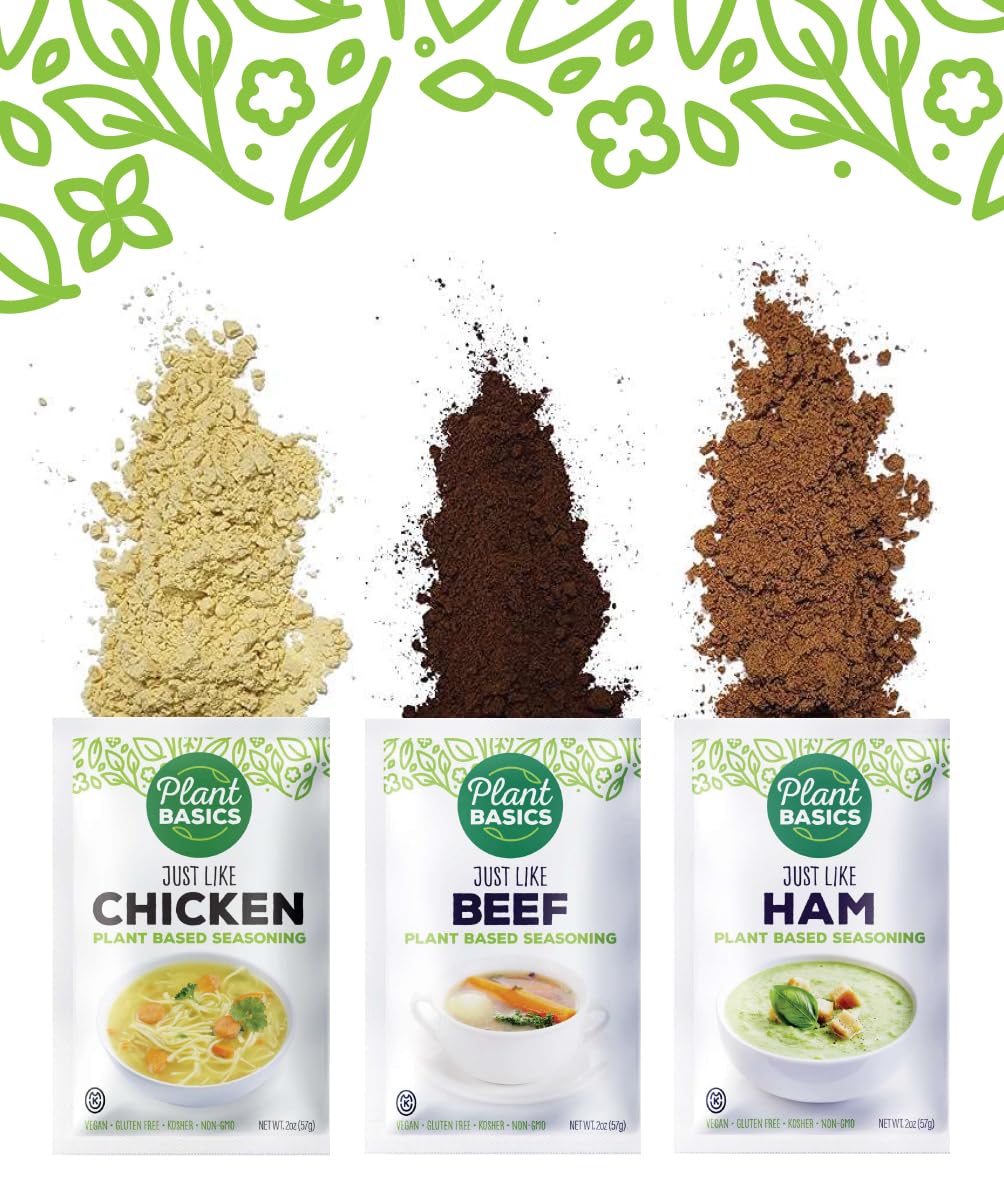 Plant Basics Plant Based Seasoning shown in glass jar, vegan gluten-free mix for daily meals.