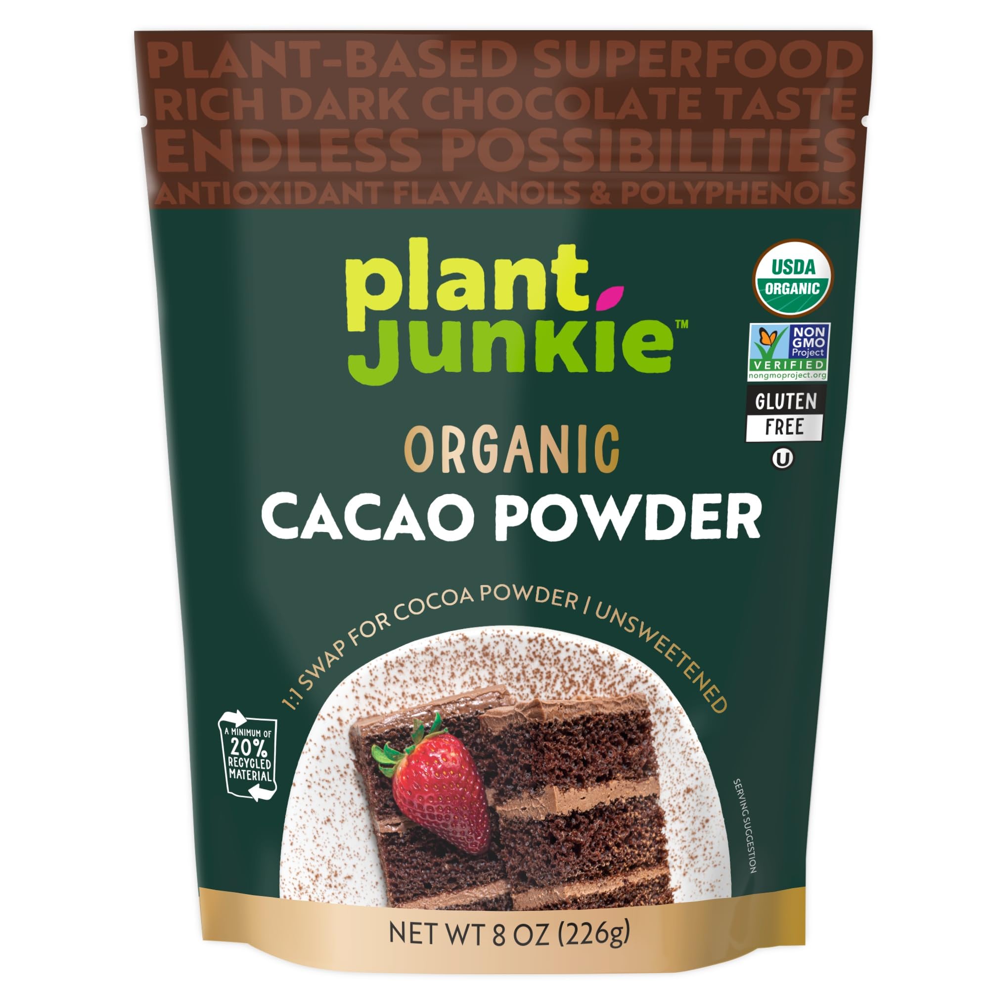 Plant Junkie Organic Cacao Powder bag showcasing organic packaging for healthy baking.