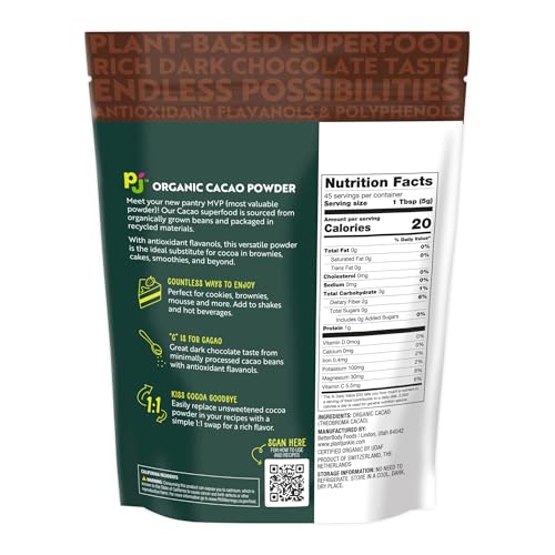 Plant Junkie cacao powder scoop highlighting convenient 1:1 swap for cocoa.