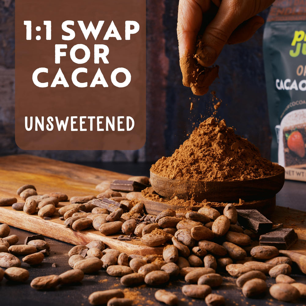 Plant Junkie cacao powder smoothie adding antioxidant-rich chocolate boost.