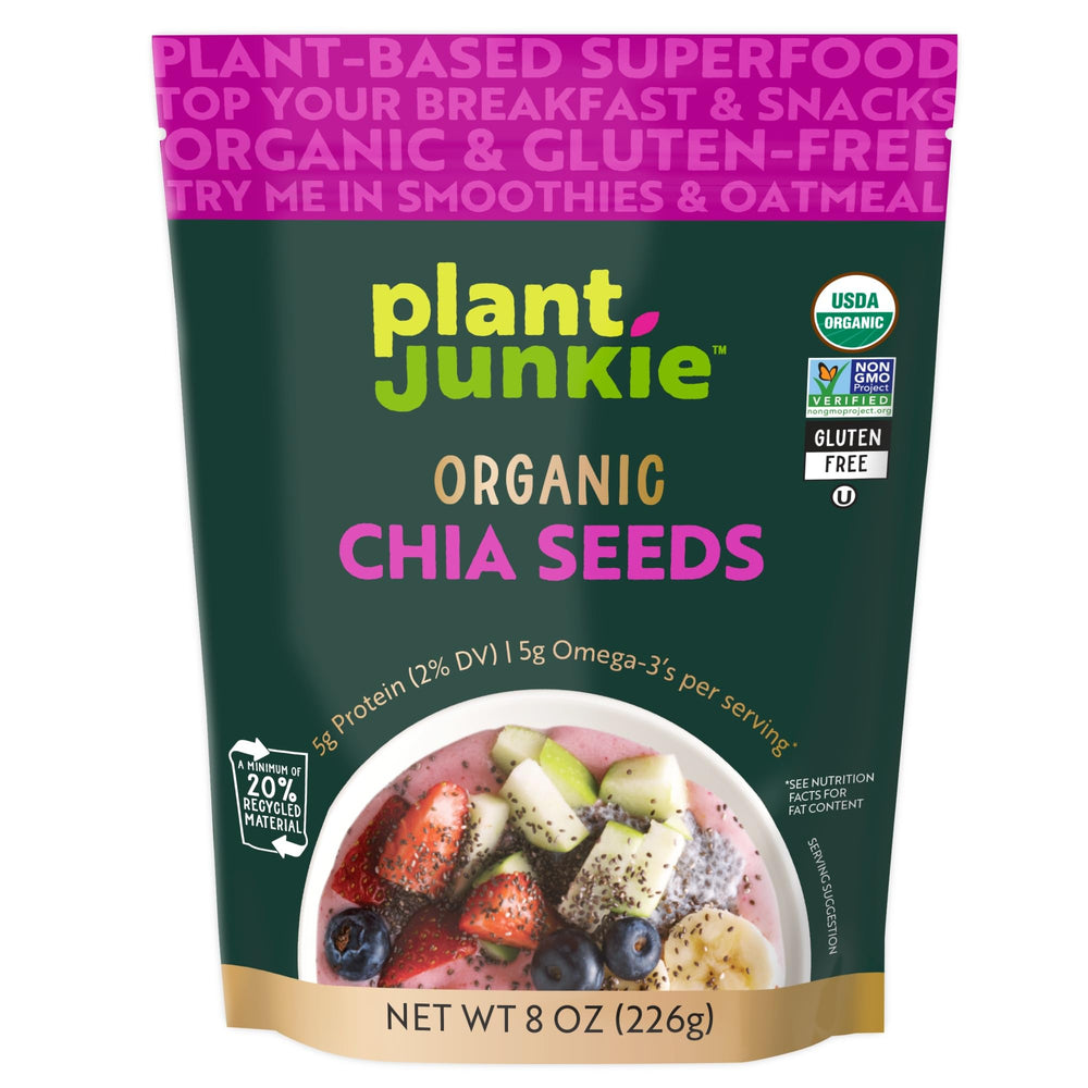 Plant Junkie Organic Chia Seeds bag for versatile pantry use and fiber boost