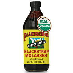 Plantation Blackstrap Molasses bottle front showing organic unsulphured syrup and Kosher certification